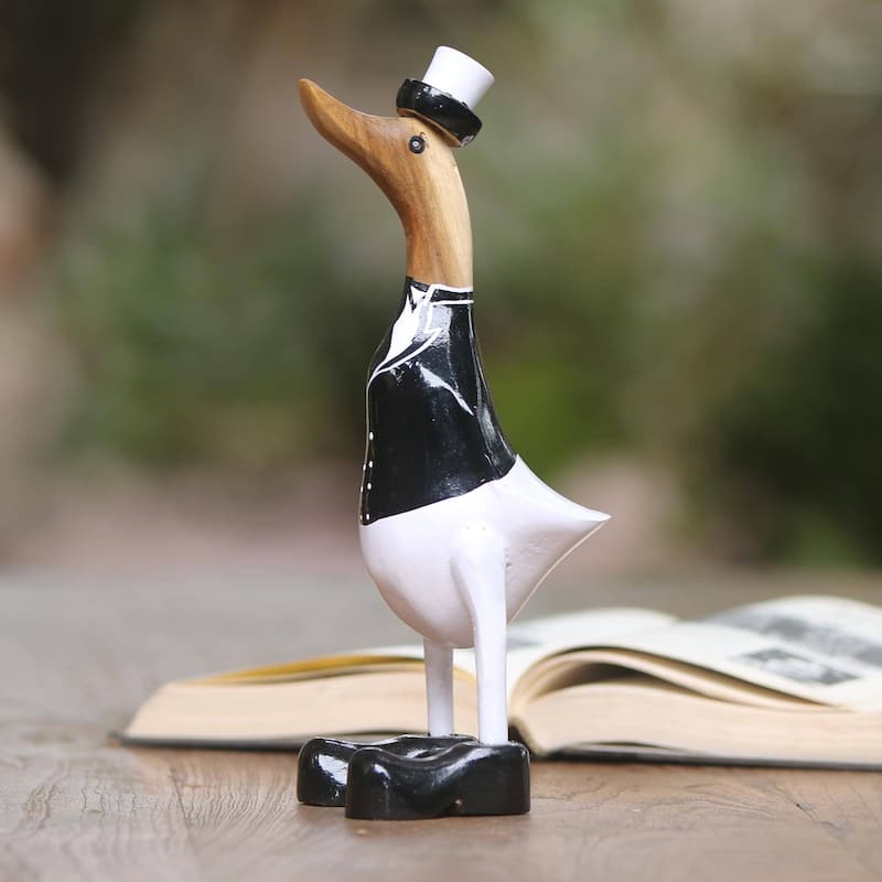 Novica Handmade Captain Duck In Black Wood And Bamboo Root Sculpture - 13.5" H x 5.5" W x 5.5" D