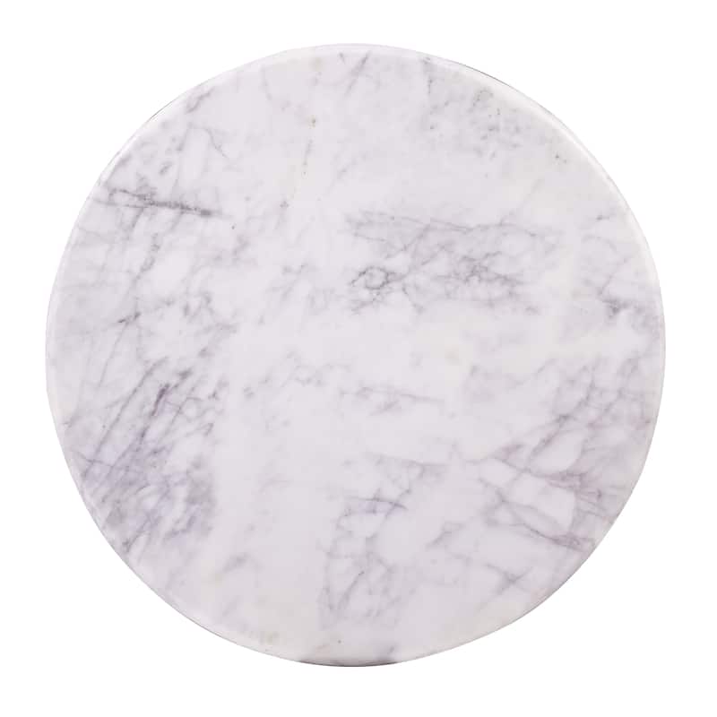Luxurious Round Mable Topped Pedestal Side/End Table, Living Room Accent Table, White/Black