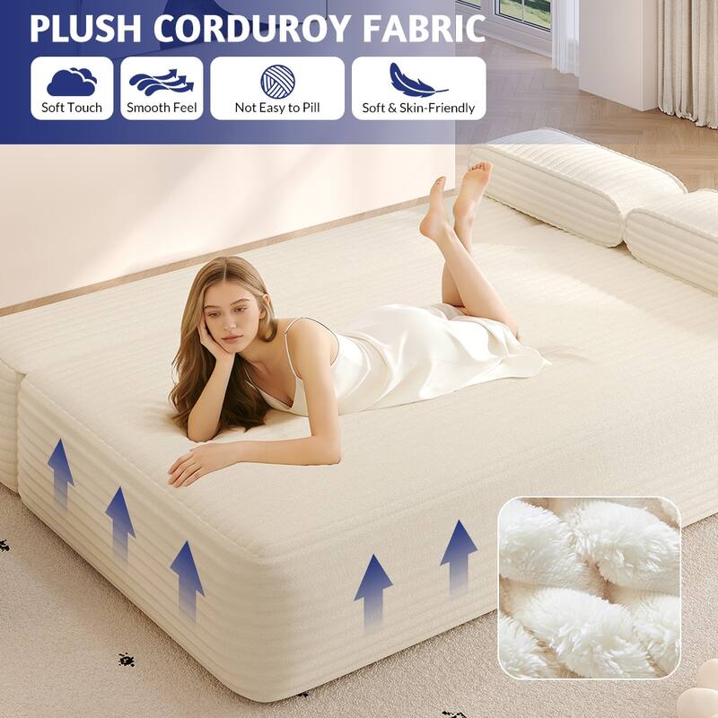 78.7" Convertible Sofa Bed, 2-in-1 Corduroy Couch with 3 Pillows, Modern Folding Boneless Couch