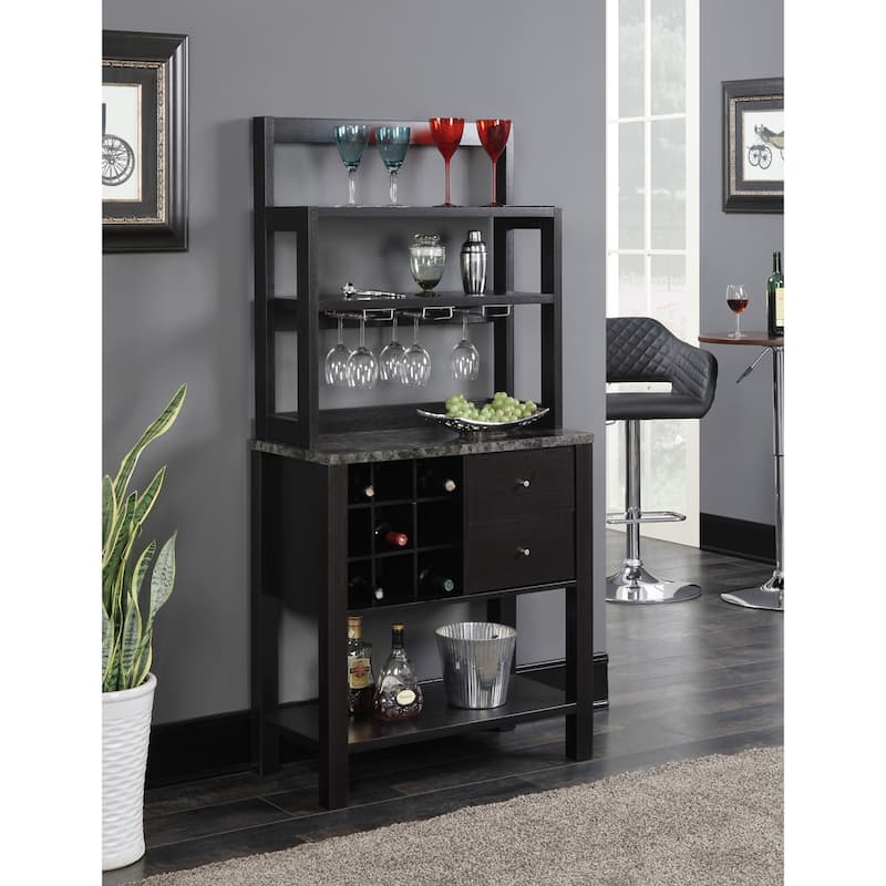 Convenience Concepts Newport 2 Drawer Serving Bar with Wine Rack and Shelves - Black Faux Marble/Espresso