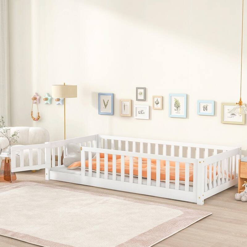 Floor Bed with Fence and Door, Rubber Wood Floor Bed with Safety Guardrails - Twin - White
