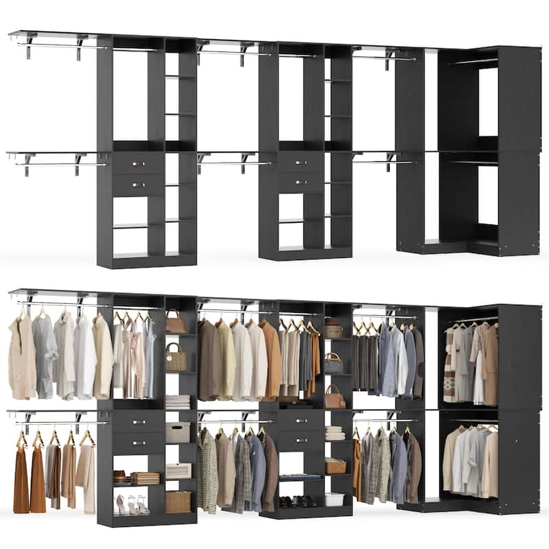 Rackcog 95'' - 188'' Closet System with Hanging Rods, Set of 3 Corner Closet Organizer with Drawers and Shelves