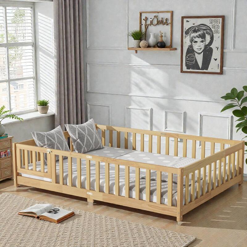 Floor Bed with Fence, Solid Rubber Wood Montessori Floor Bed with Safety Guardrails