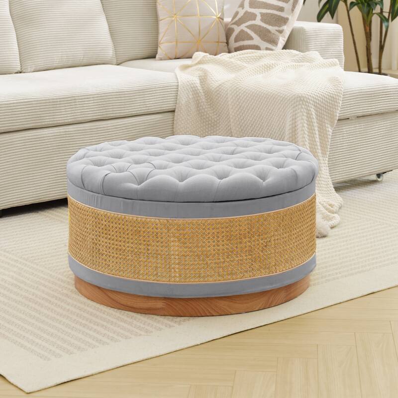 Linen & Rattan Round Storage Ottoman, Button-tufted Upholstery