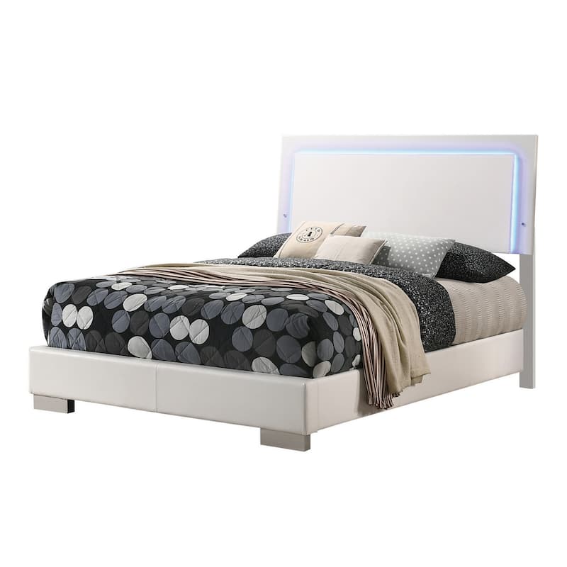 Sok Full Panel Bed with LED Headboard, Low Profile Footboard, Glossy White