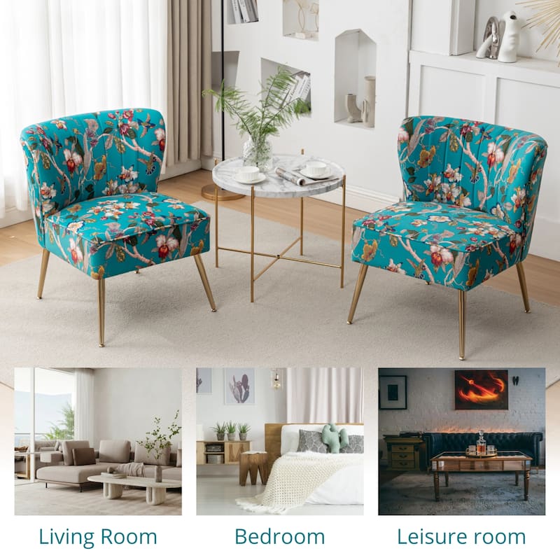 Velvet Floral Accent Chair (Set of 2) with Gold Legs, Modern Comfy Tufted Side Chair for Living Room/Bedroom