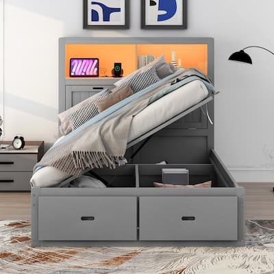 Wooden Loft Up Storage Bed Frame, LED Storage Headboard with Charging Station, Solid Pine Platform Bed with 2 Drawers