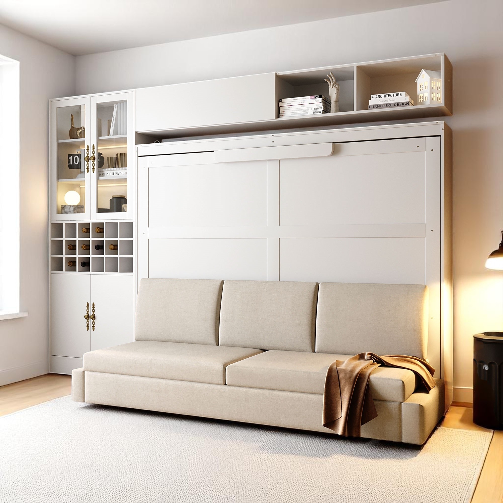 Fold Down Full/Queen Wall Bed with Sofa, USB Charging, Shelves