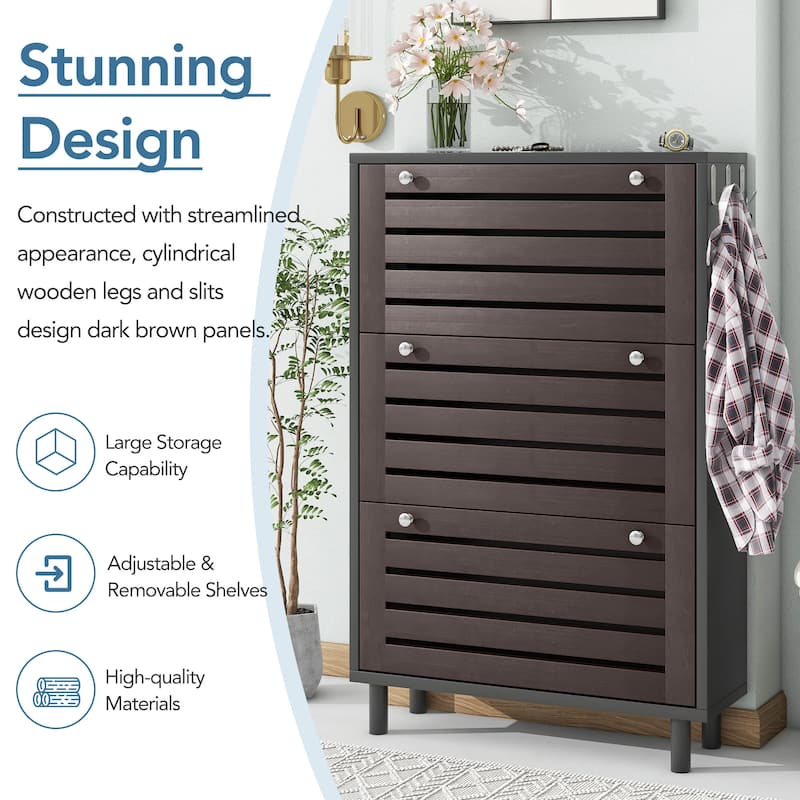 Freestanding Shoe Rack with Adjustable Panel, Slim Tipping Bucket Shoe Cabinet, Entryway Organizer with 3 Drawers & Hooks