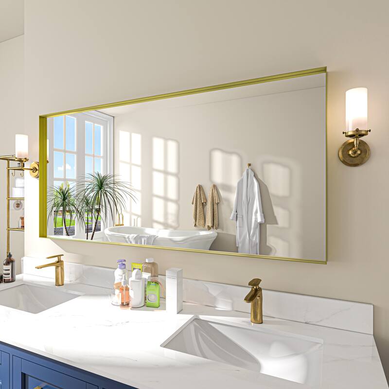 TOOLKISS Right Angle Aluminum Frame Bathroom Vanity Mirror with Clear Glass - 60 inch.W x 28 inch.H - Gold