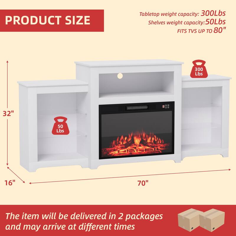 32" H TV Stand with Fireplace for TVs up to 80" - Remote Control, Energy-Efficient Heater, 16-Color Light Strip