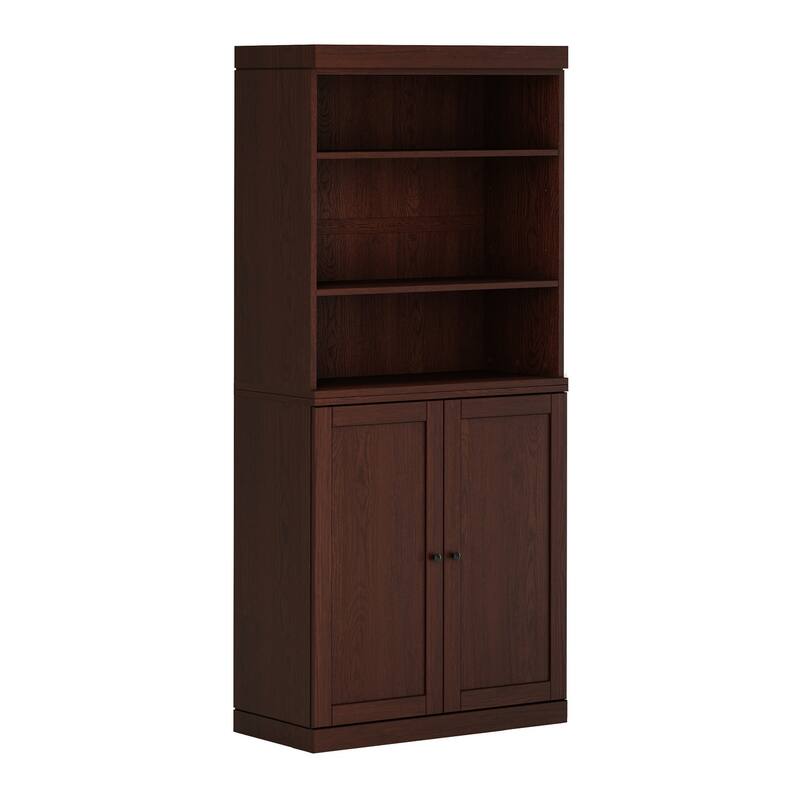 Palace Imports Premium 100% Solid European Oak Hardwood 6-Shelf Modular Bookcase with Bottom Shaker Doors - 32" Wide, 71.5" Tall - Rich-Cherry-Oak