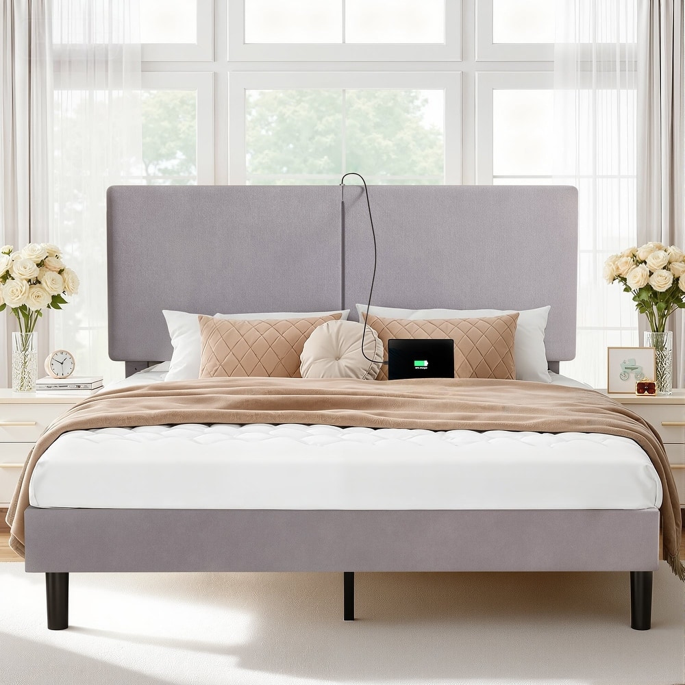 VECELO Adjustable Upholstered Split Headboard Bed Frame with Charging Station USB Port Type C No Box Spring Needed Noiseless Bed