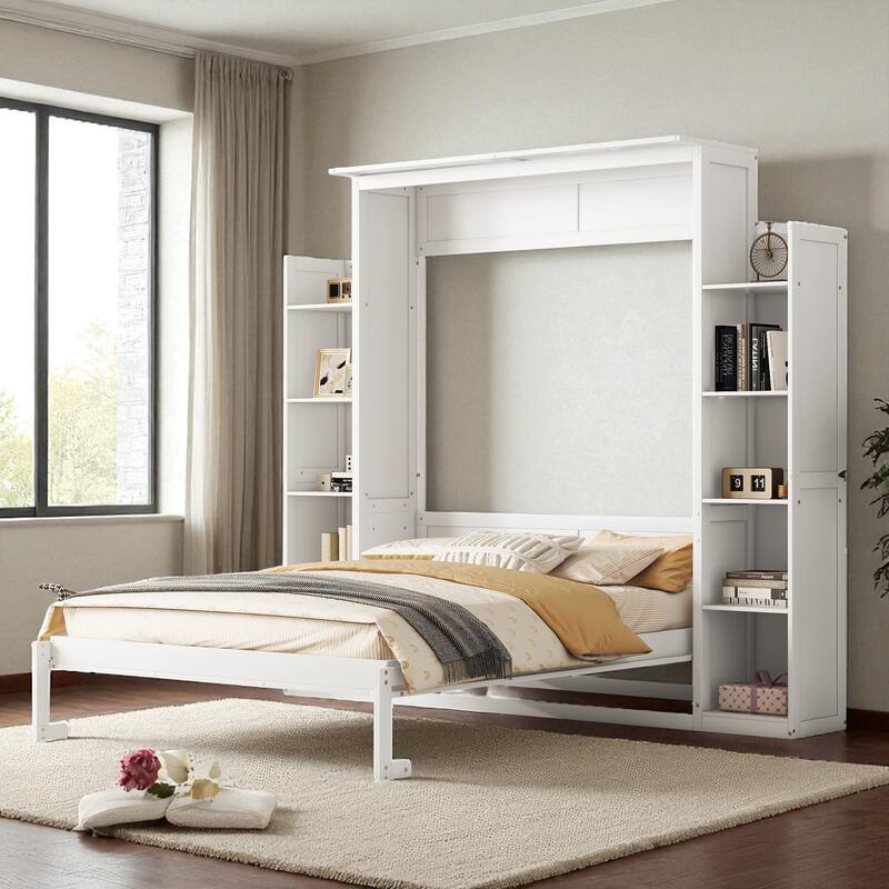 Full/Queen Murphy Wall Bed with Shelves & LED, Dual-Piston, 8 in Mattress, 600 lb Capacity, Space-Saving