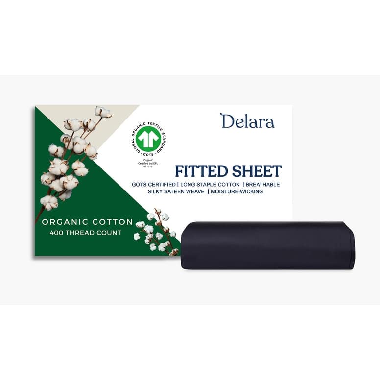 Delara GOTS Certified 100% Organic Cotton Fitted Sheet, 400TC Long Staple Cotton, Moisture-Wicking, Smooth & Breathable