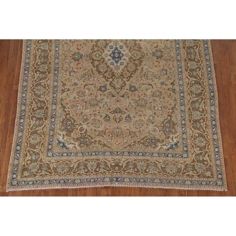 Traditional Mashad Persian Vintage Rug Handmade Orange Wool Carpet - 6'4"x 9'2"