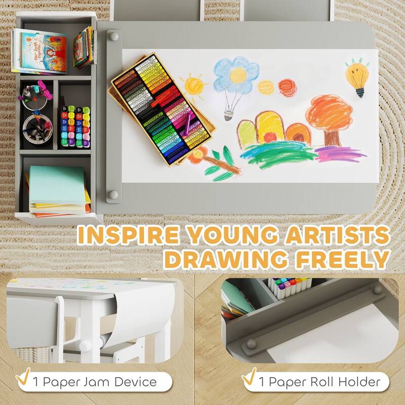 Qaba Kids Desk and Chair Set with Paper Roll, Kids Art Table and Chairs Set with Storage Shelves, Activity Craft Table