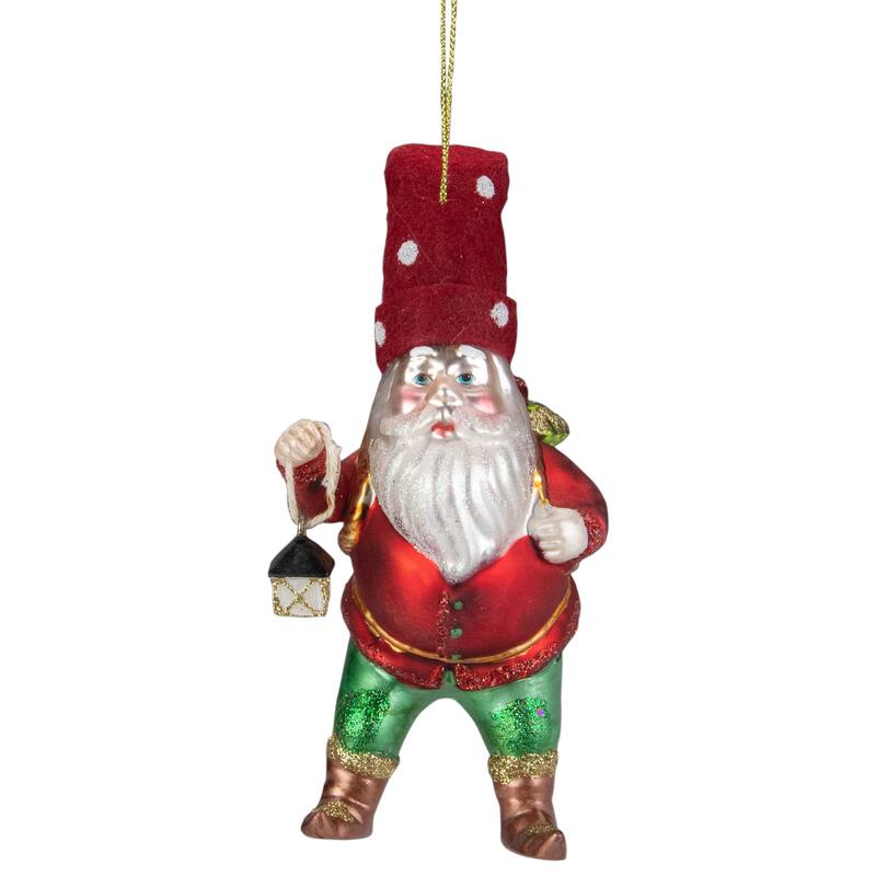 6" Gold Red Gnome with Lantern Flower Basket Glass Christmas Ornament