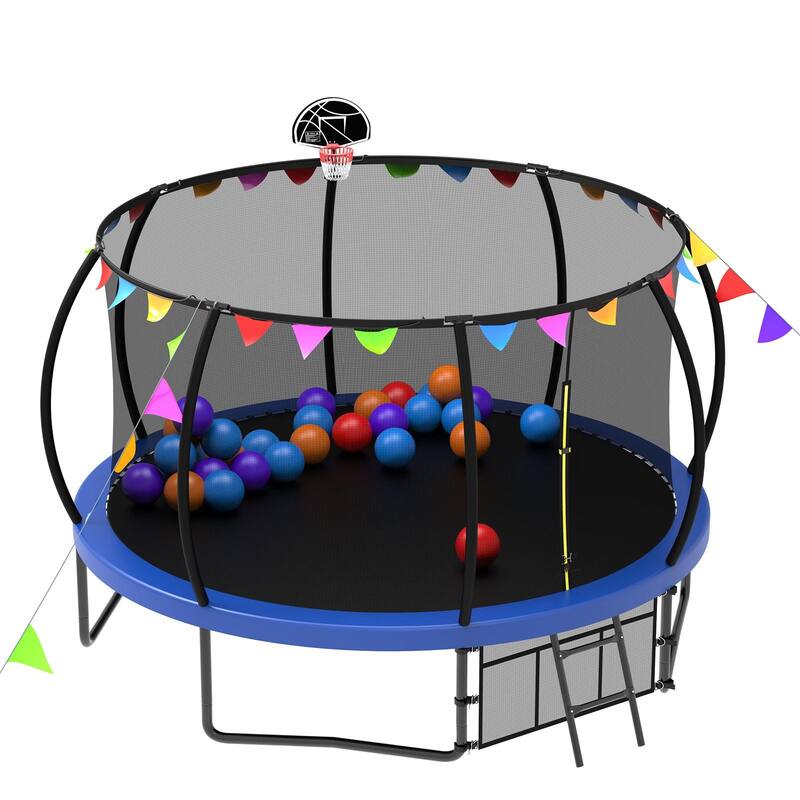 12FT Recreational Kids Trampoline with Safety Enclosure Net, Ladder and Flag Parts