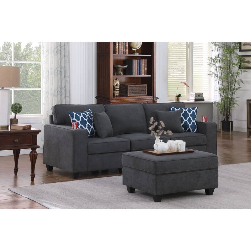 Woven Upholstered Sofa with Ottoman in Stone Gray