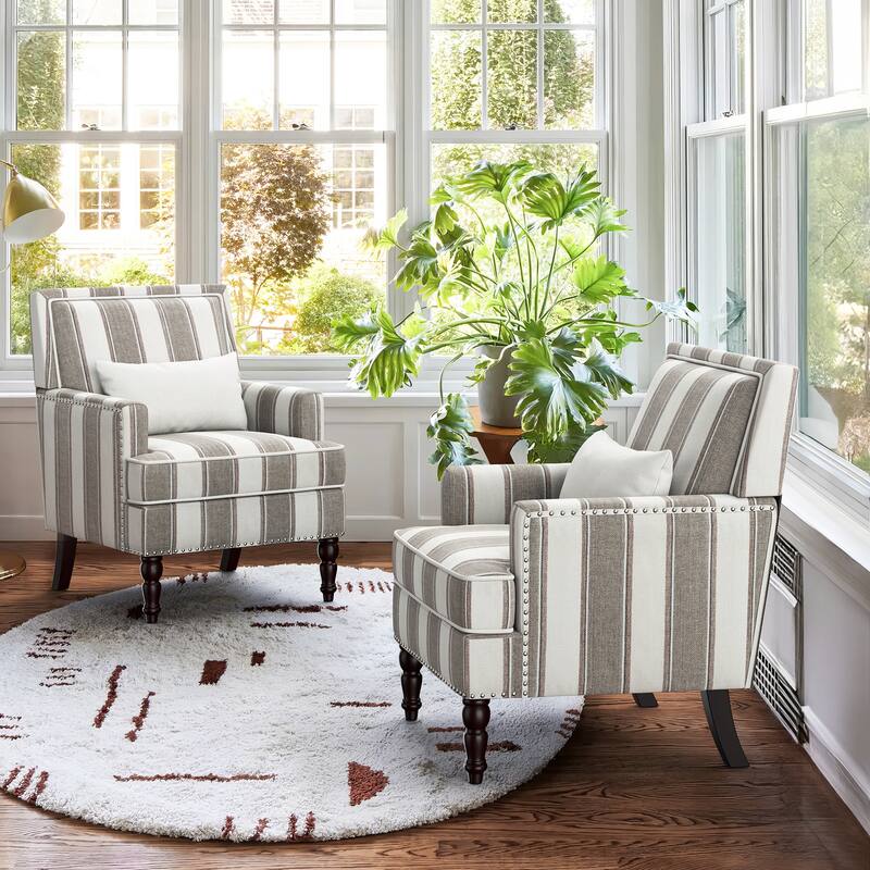 Modern Fabric Accent Chair with Upholstered Armrest Wooden Legs and Pillow for Living Room - Gray-White - Set of 2