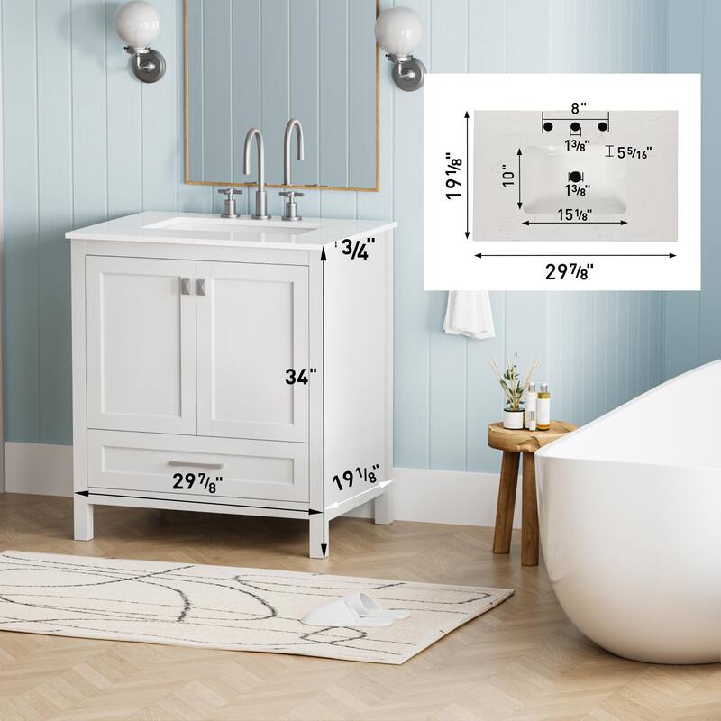 30" Freestanding Bathroom Vanity with Sink, Carrara Engineered Marble Top, Solid Wood Cabinet, Soft Close Doors