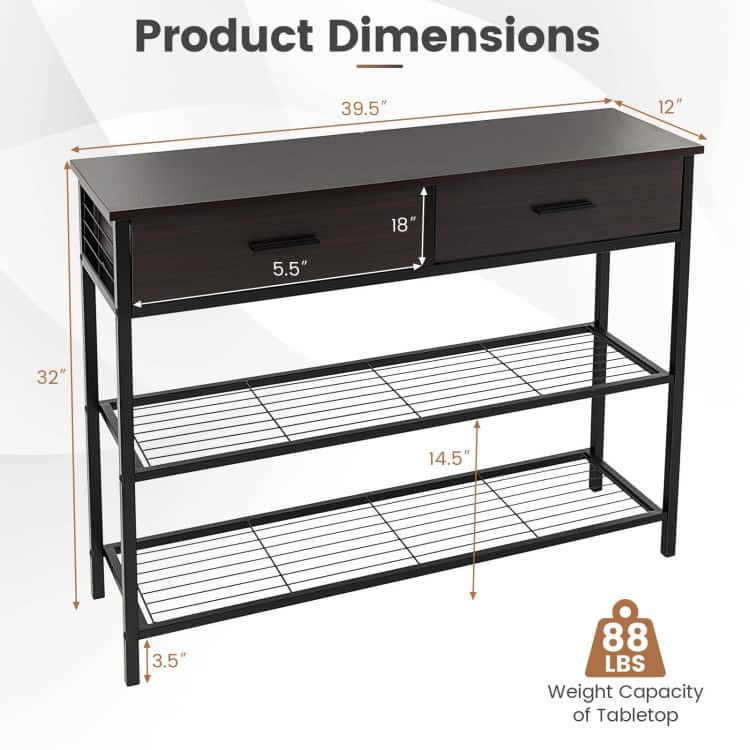 39.5 Inch Entryway Table with 2 Drawers and 2-Tier Shelves - 39.5" x 12" x 32" (L x W x H)
