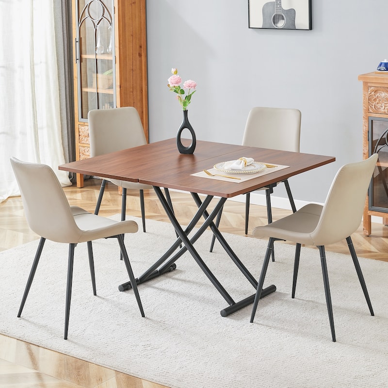 Height Adjustable Lift Table Set with Metal Frame, Multifunctional Dining Set Breakfast Nook with Dining Chairs - Walnut Black Warm Grey