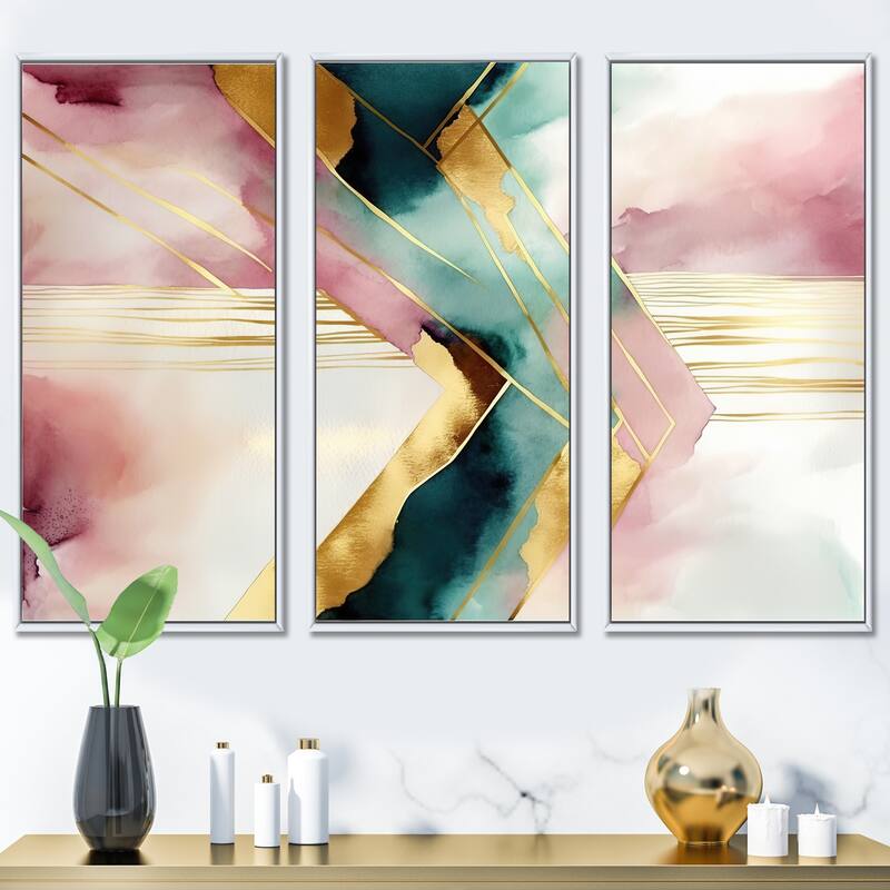 Designart "Abstract Geode Geometric Pink And Green III" Modern Geometric Framed Canvas Art Print - 3 Panels - 48 in. wide x 32 in. high - 3 Panels - White