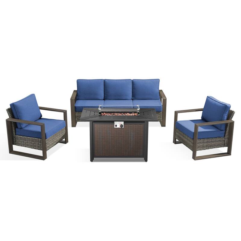 Meyreso Wicker Patio Conversation Set with Metal Fire Pit Table & Olefin Cushions