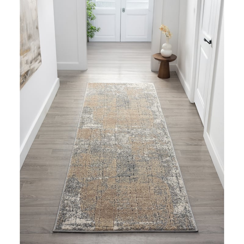 Cascade Collection Geometric Abstract Block Neutral Area Rug - 7'10 Runner