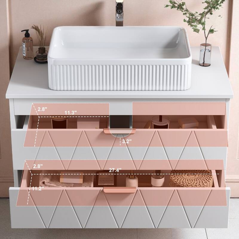 31.5" Modern Bathroom Vanity with Ceramic Vessel Sink and Storage Cabinet, Rose Gold Handles