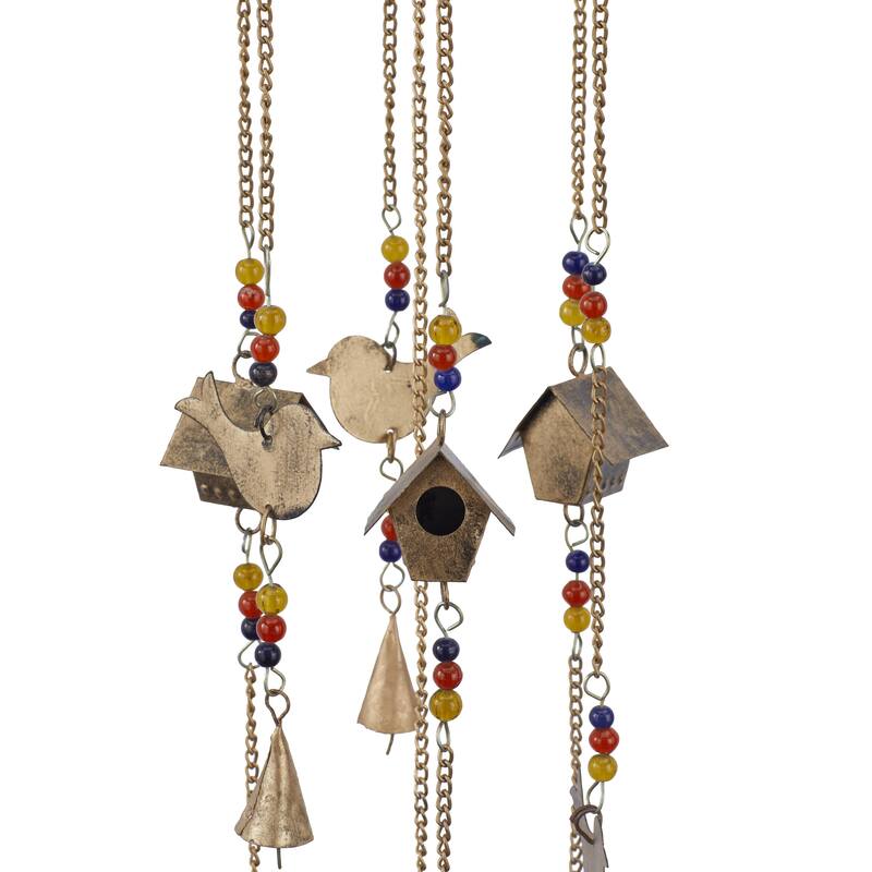 Metal Handmade Birdhouse Indoor Outdoor Windchime with Glass Beads and Bells - Bronze - Roche River Decor