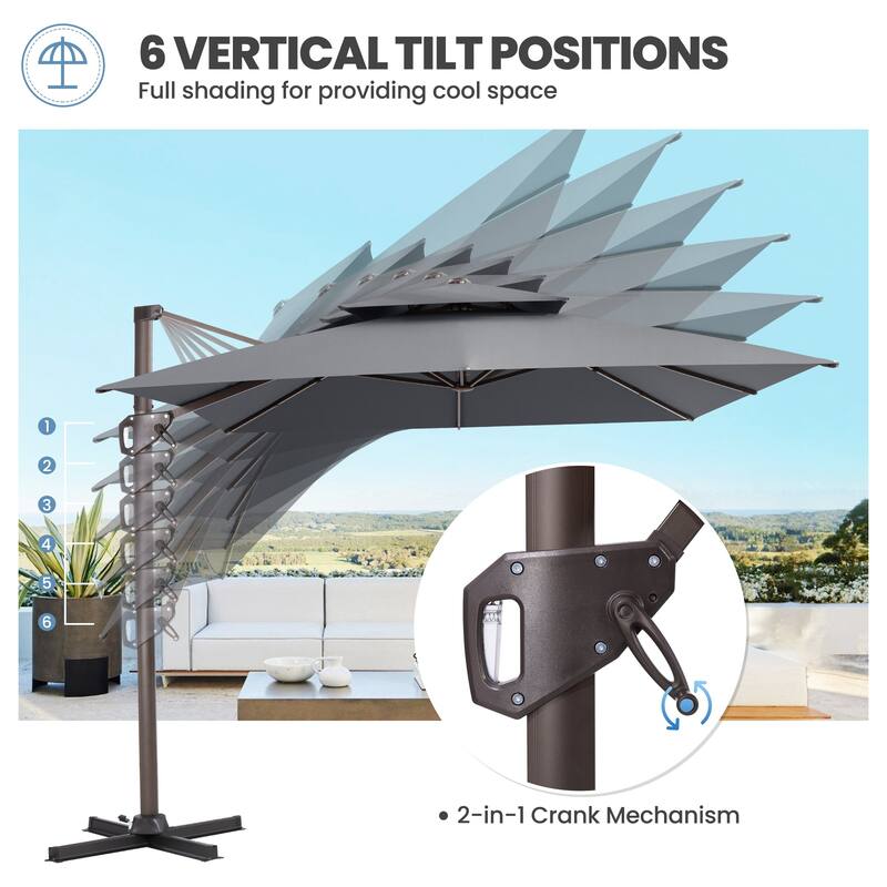11 × 9 ft Outdoor Patio Offset Cantilever Dual Top Umbrella with Weighted Base