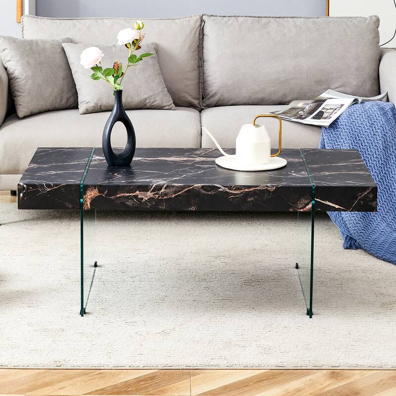 Roomfitters White Marble MDF Coffee Table with Tempered Glass Legs, Side or Display Table for Modern Living Room