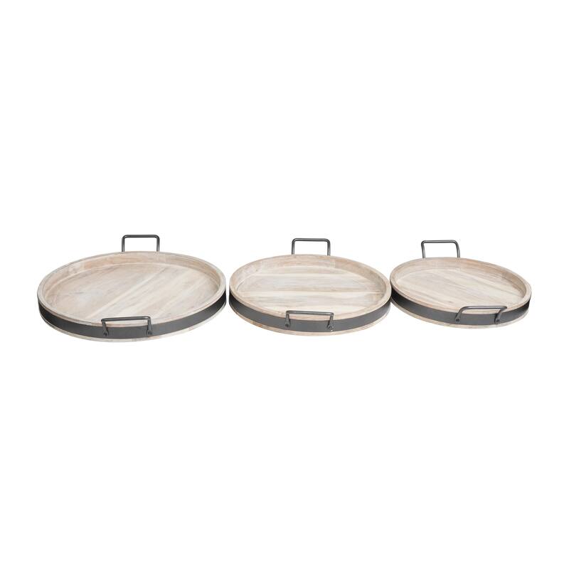 Mango Wood Nesting Living Room Decor Tray with Black Metal Handles - Set of 3 Cream or Brown - Roche River Decor