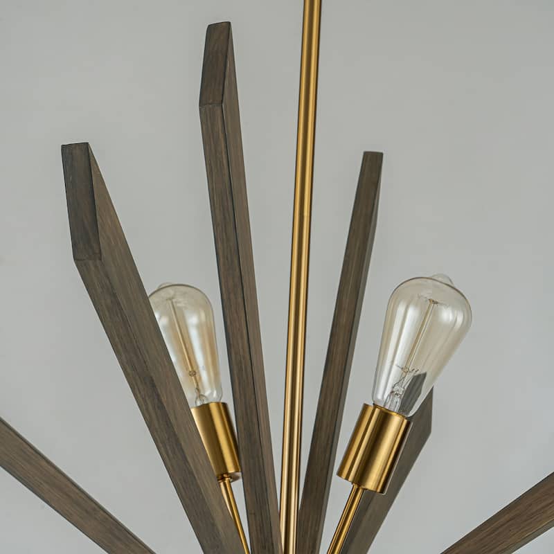 8-Light Gold Wood Farmhouse Sputnik Firework Chandelier Hanging Pendant Lighting - 40.2