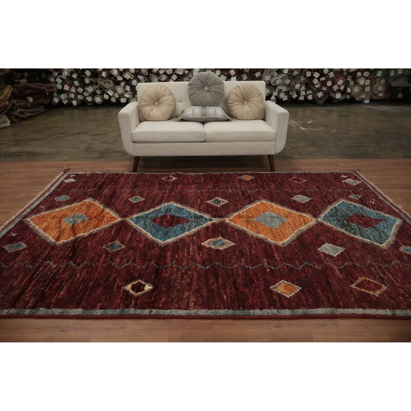 Hand Knotted Oriental 100% Wool Carpet Modern Tribal Red Moroccan Area Rug - 10' 0'' X 6' 9''