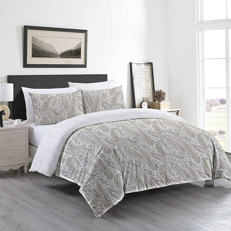 Delara GOTS Certified 100% Organic Cotton Damask Reversible Print Duvet Cover and Sham Set of 2