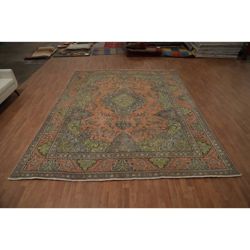 Hand Knotted Oriental 100% Wool Carpet Traditional Floral Oranges & Rust Tabriz Area Rug - 12' 7'' X 10' 1''