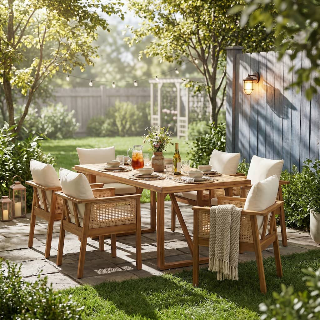 Christopher Knight Home - Modern 7-Piece Outdoor Acacia Wood Dining Set with Wicker Chairs, 67" Slatted Table & Washable Cushion