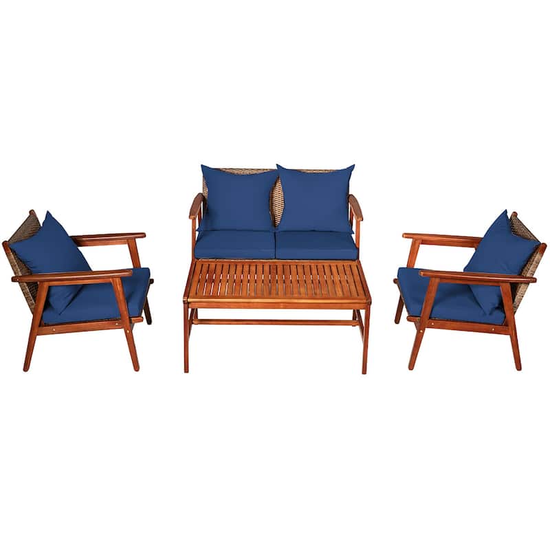 Costway 4PCS Patio Rattan Furniture Set Acacia Wood Frame Cushioned - See details
