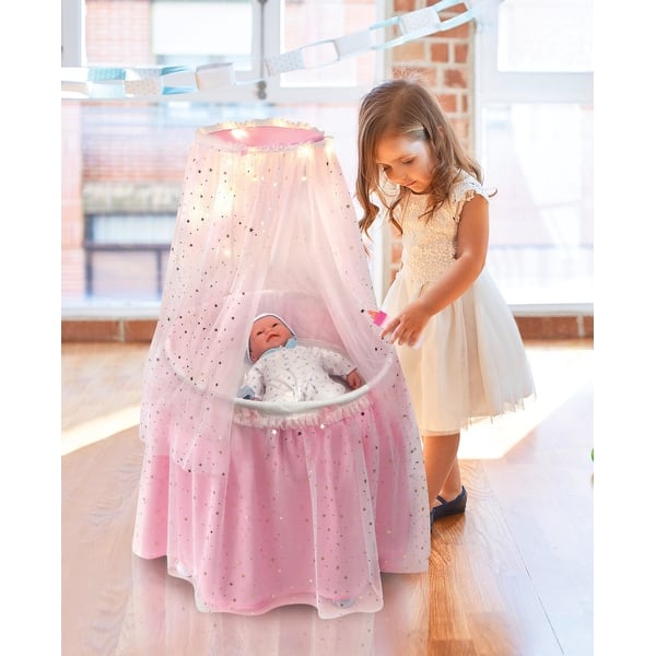 slide 2 of 4, Badger Basket Sweet Dreams Round Doll Bassinet with Canopy and LED Lights - Pink/White/Stars - 20" x 20" x 33"