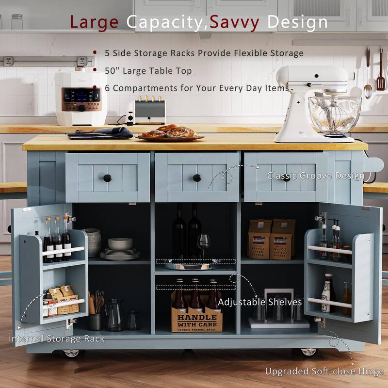Kitchen Island on 5 Wheels with Drop Leaf, Rolling Island Cart with Power Outlet, Bar Cabinet with Internal Racks & 2 Bar Stools