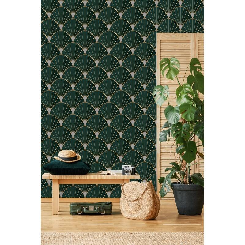 Dark Green and Gold Design Wallpaper Peel and Stick and Prepasted - Bed