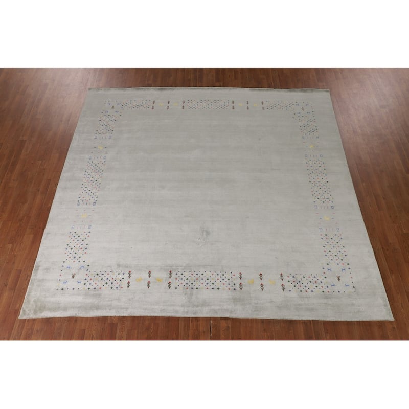 Green Gabbeh Oriental Square Area Square Rug Hand-Knotted Wool Carpet - 9'4" x 10'0"