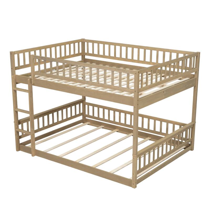Bunk Bed Frame with Ladder and Guardrails, Detachable Design Wooden Bunk Bedframe into 2 Separate Platform Beds