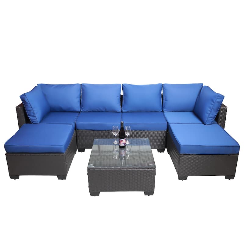 Black+Dark Blue 7-piece Outdoor Garden Patio Sofa Sets with Coffee Table, Rust-Resistant Metal Frame