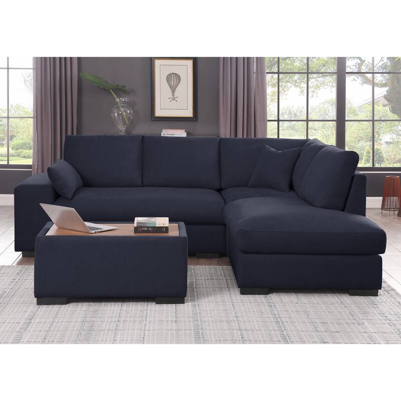 100"W Dark Gray Woven Fabric Sectional Sofa with Chaise, Console Ottoman & 2 Pillows