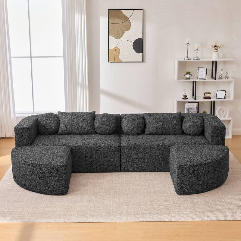U-Shape Modular Sectional Sofa, Boucle Upholstered Boneless Couch, Compression Sofa with 4 Throw Pillows & 2 Cushions